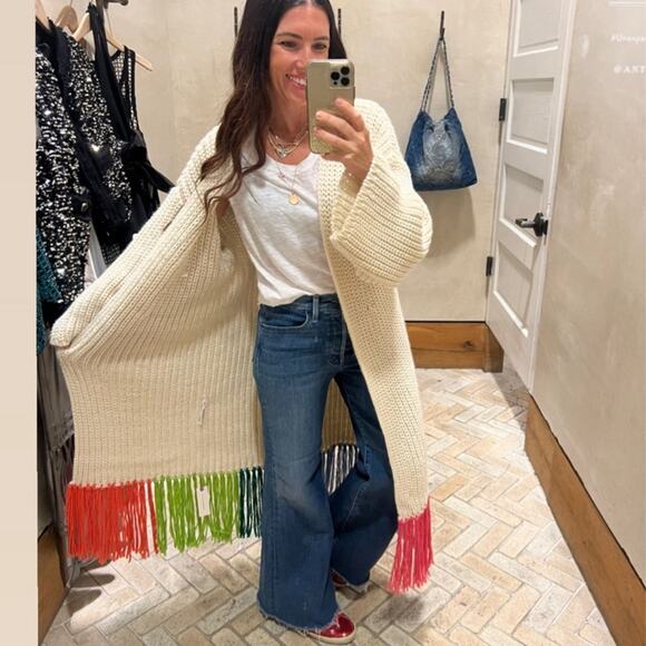 By Anthropologie Multicolor Fringe Duster Kimono Rainbow Chunky Cable Knit OS - Picture 4 of 9